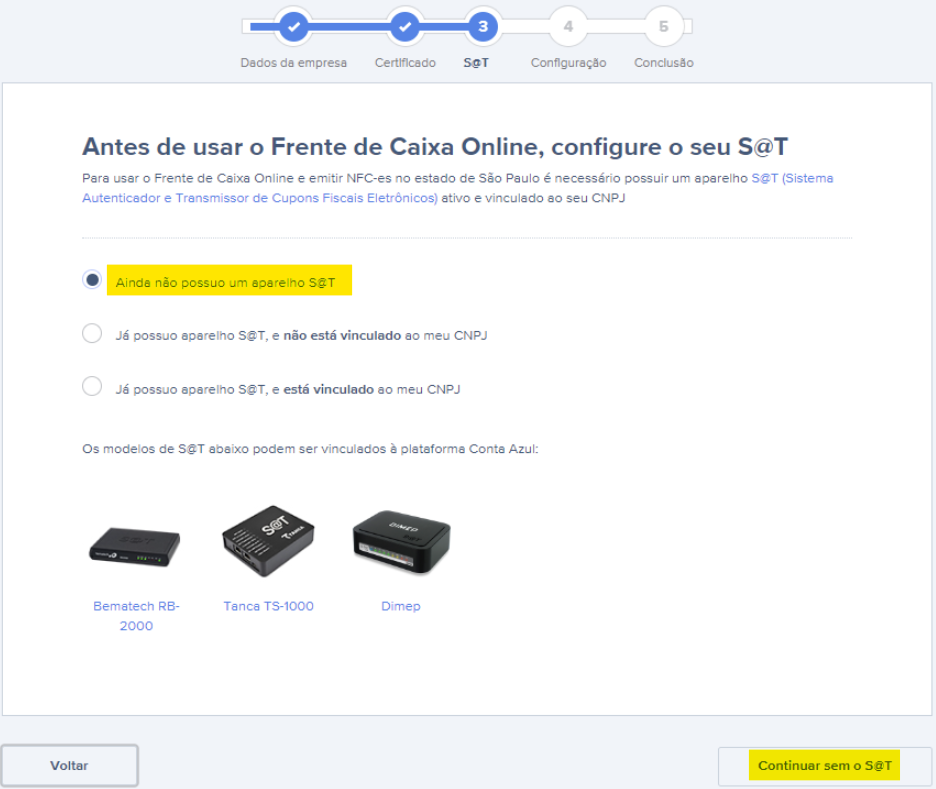 Tela de configuração do aparelho Sat.