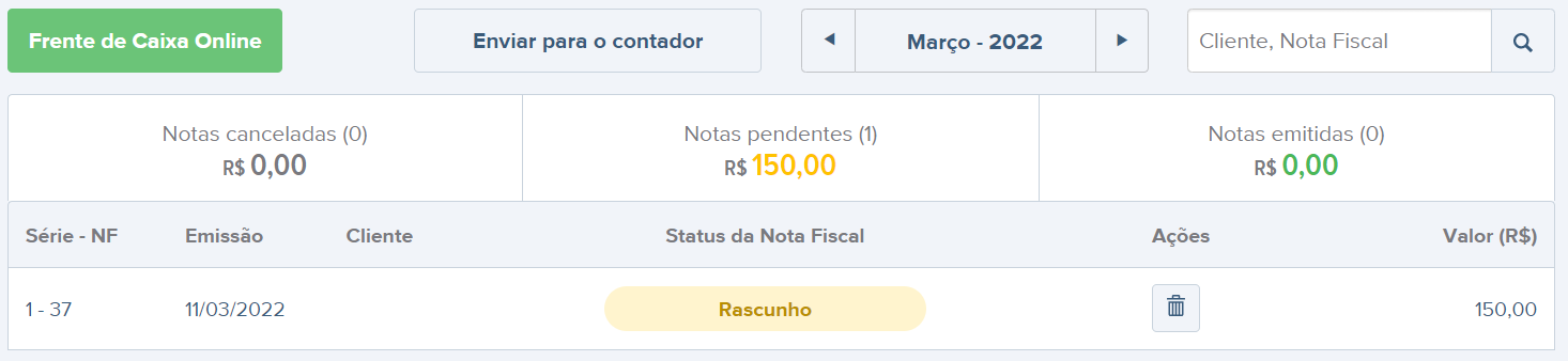 Tela de notas fiscais de consumidor em rascunho e emitidas.