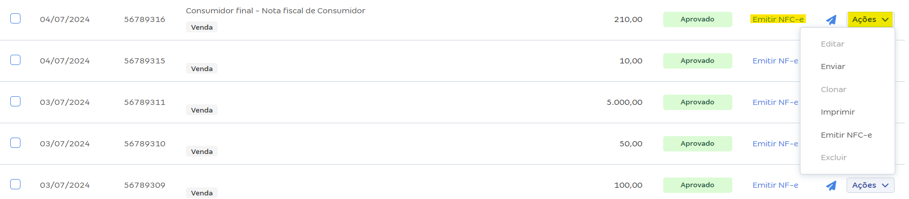 Tela de acesso à venda do frente de caixa sem NFC-e.