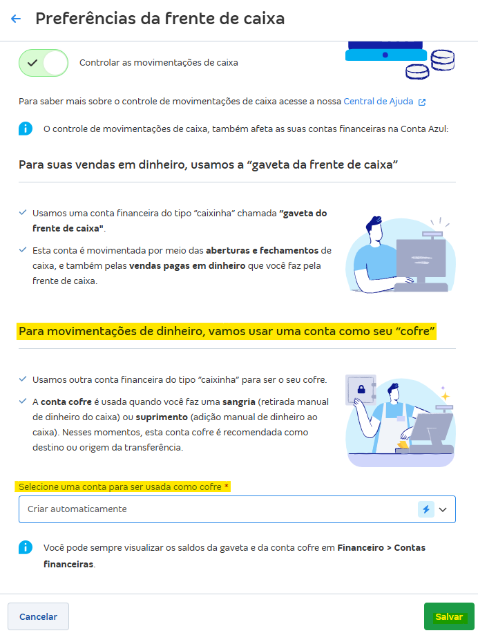 Tela de Controle de movimentações de caixa com destaque para o campo Criar automaticamente.
