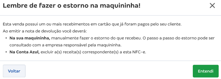 Lembrete para solicitar o estorno manualmente pela maquininha Stone.
