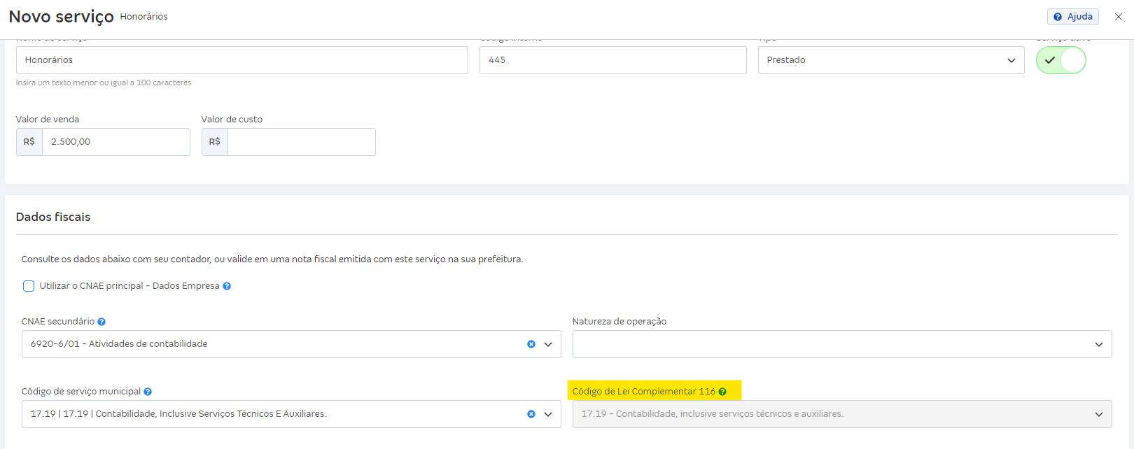 Tela de configuração do Código da Lei Complementar 116 no cadastro do serviço.