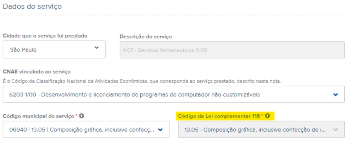Tela de configuração do Código da Lei Complementar 116 no rascunho da nota fiscal de serviço.