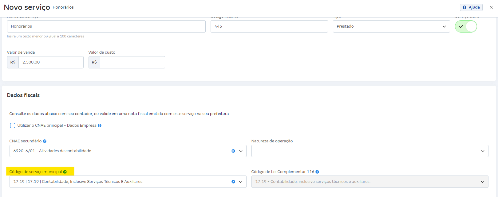 Tela de configuração do Código do serviço municipal no cadastro do serviço.