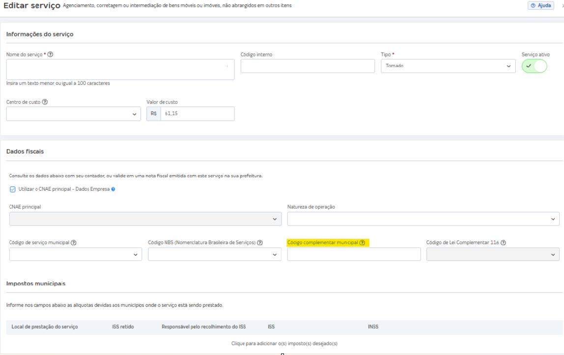 Tela de configuração do Código complementar no cadastro do serviço.