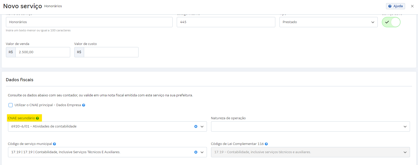 Tela de configuração do CNAE secundário nos Dados da empresa.