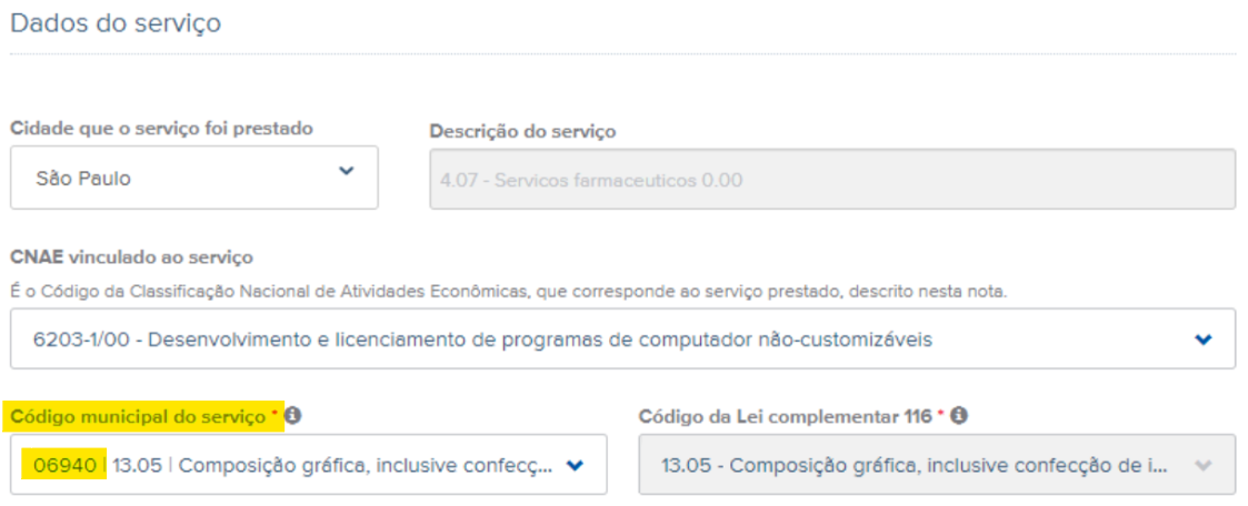 Tela de configuração do Código do serviço municipal no rascunho da nota fiscal de serviço.