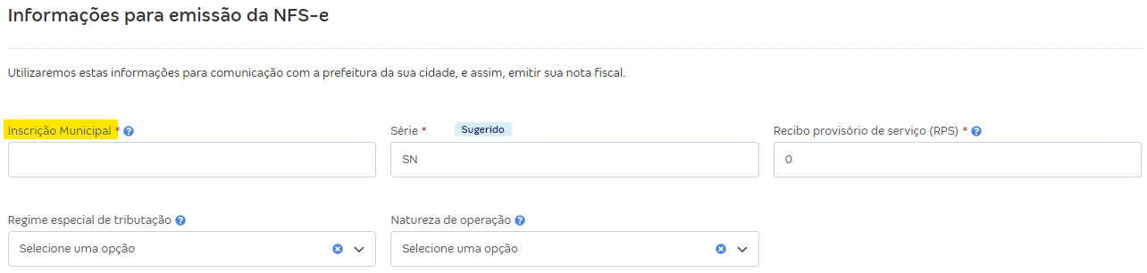 Tela de preenchimento da Inscrição municipal.