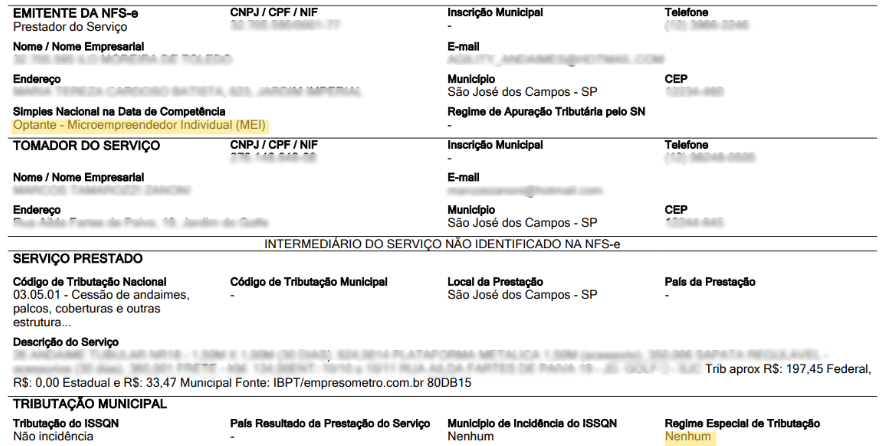 tela com informações relevantes para emitir nota no padrão nacional