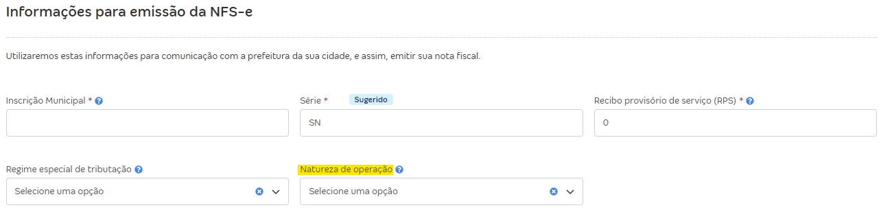 Tela de preenchimento da Natureza de Operação.