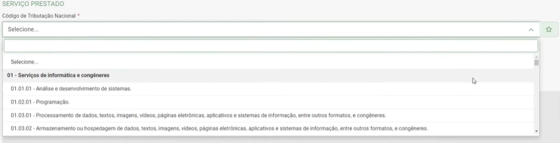 Tela de preenchimento do Código de Tributação Nacional no Padrão Nacional.