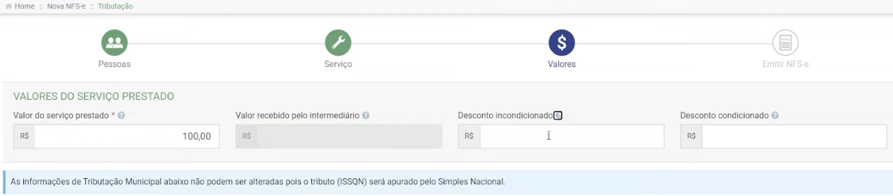 Tela de preenchimento dos valores do serviço prestado no Padrão Nacional.
