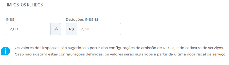 Tela de preenchimento de impostos retidos no rascunho da NFS-e.