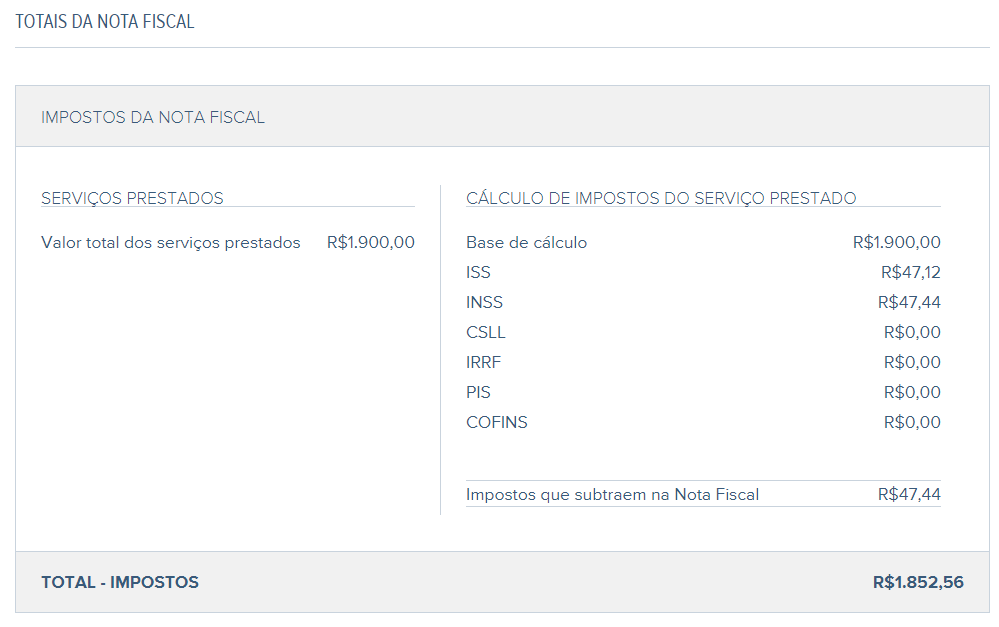 Tela de totais da nota fiscal no rascunho da NFS-e.