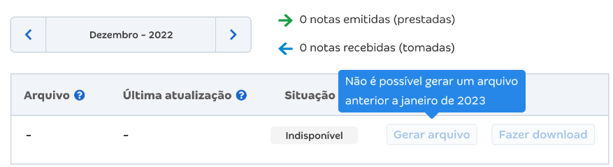 Tela com aviso de que Não é possível gerar um arquivo anterior a janeiro de 2023.