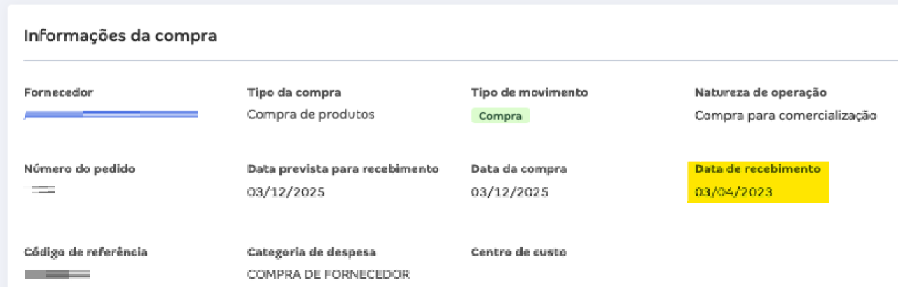 Tela com ata de recebimento informada da compra