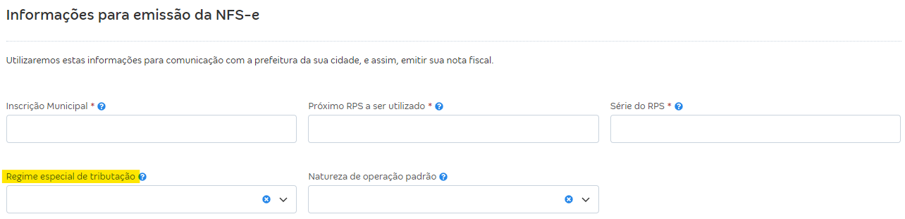 Tela com destaque para o campo Regime especial de tributação nas configurações da NFS-e.