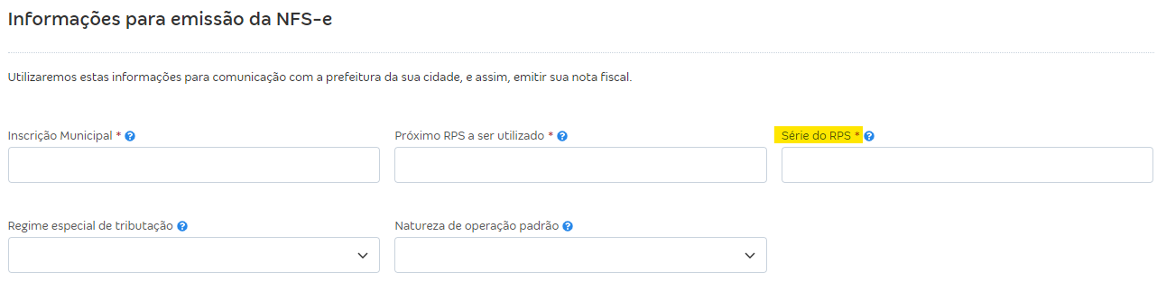 Tela com destaque para o campo Série do RPS nas configurações da NFS-e.