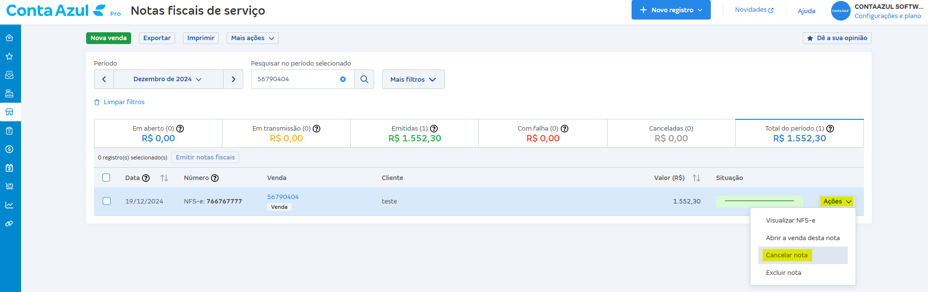 Tela de NFS-e com destaque para os botoes Ações e Cancelar nota..png