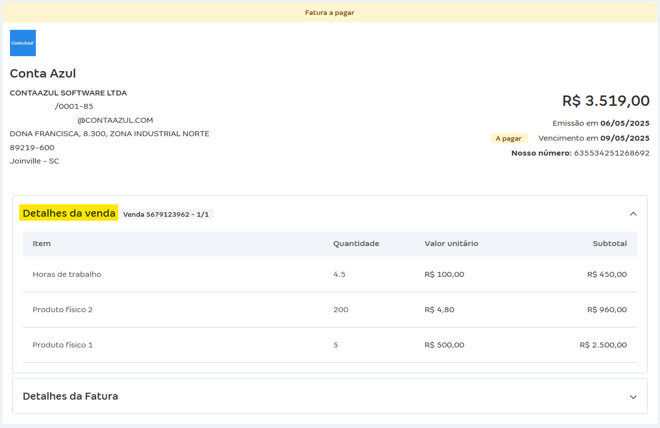 Tela do boleto da conta azul com destaque para os detalhes da venda.png
