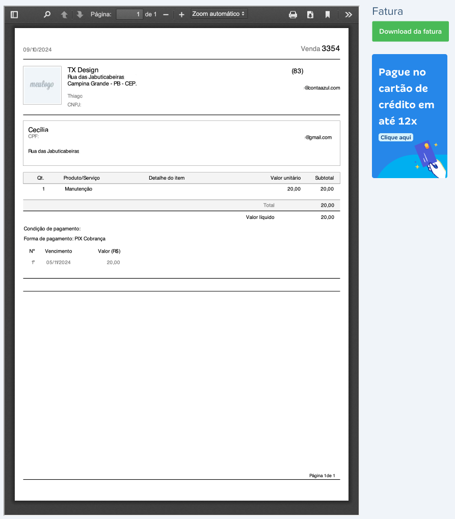 Tela da fatura da venda com destaque para o banner Pague no cartão de crédito em até 12x.