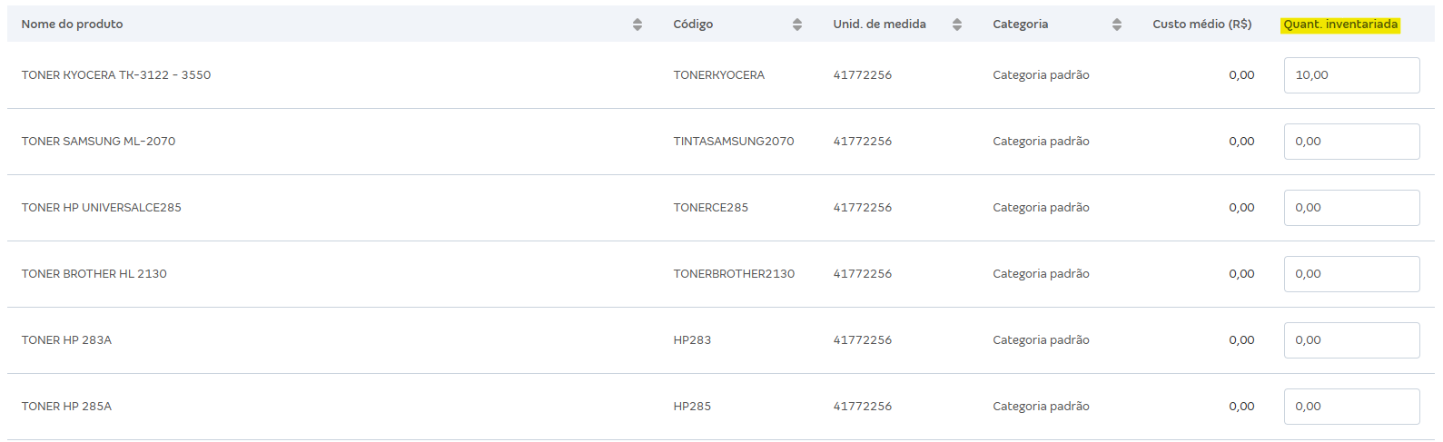 Tela de Inventário com destaque para a coluna Quant. inventariada.