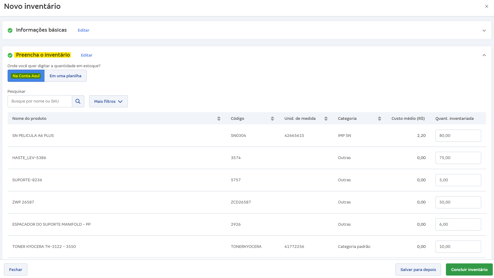 Tela de Inventário com destaque para o campo Onde você quer digitar a quantidade em estoque?.