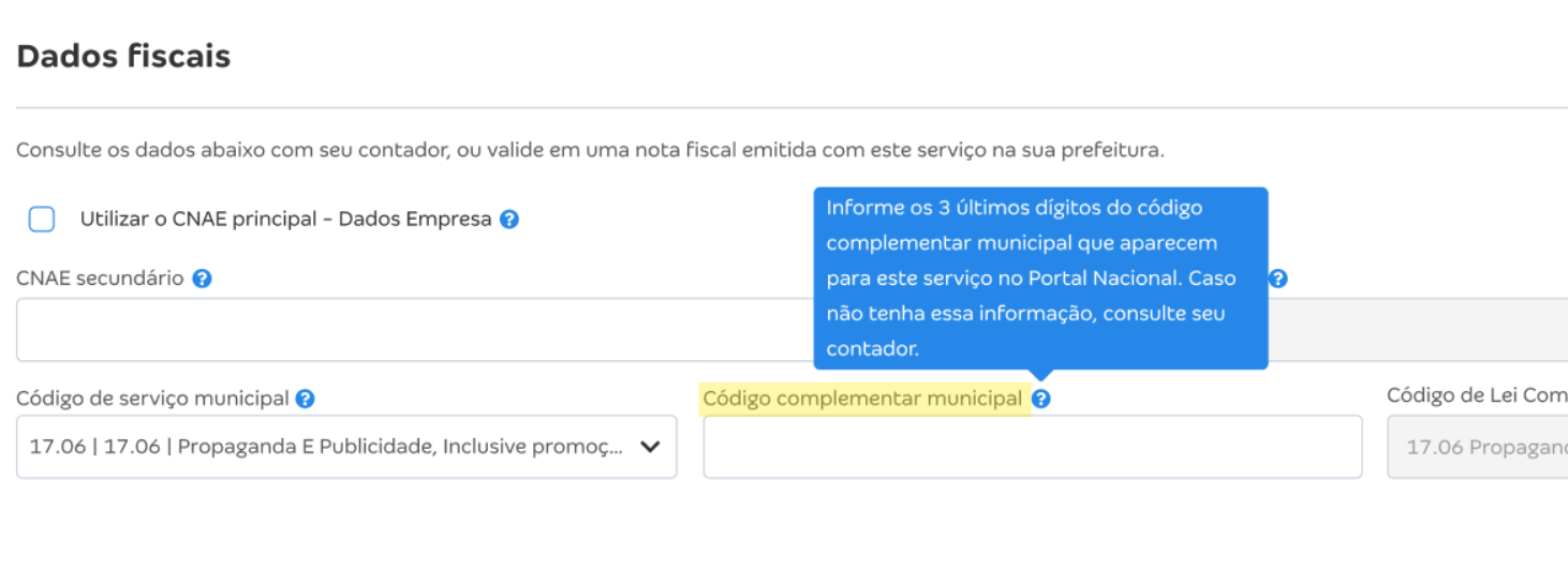 Tela de Cadastro do serviço com destaque para o campo Código Complementar Municipal.