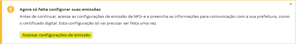 Mensagem de alerta com destaque para acessar configurações de emissão.