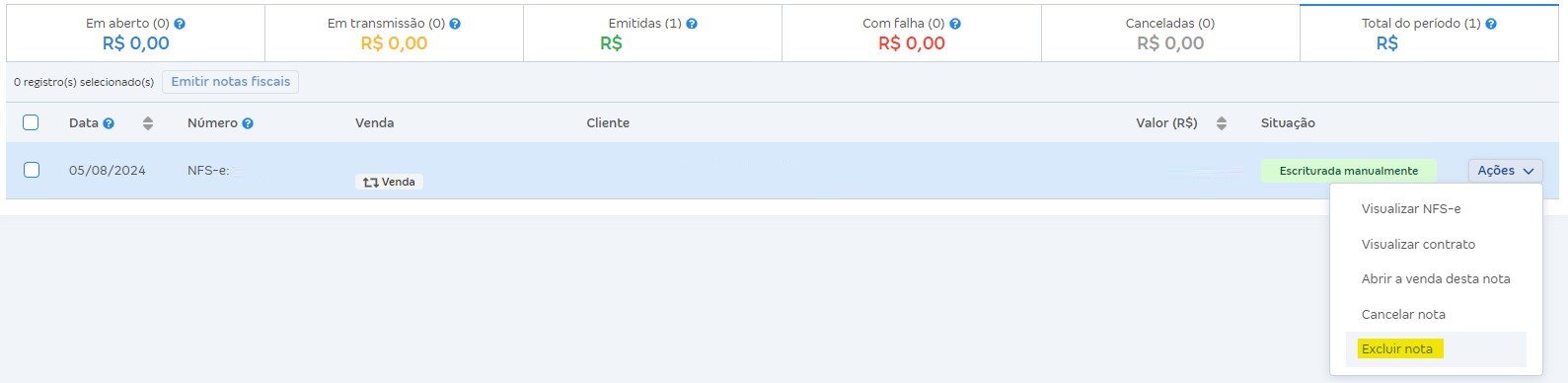 Passo a passo para excluir NFS-e escriturada na Conta Azul.