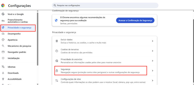 Tela de Privacidade e segurança no Chrome com destaque para Segurança.