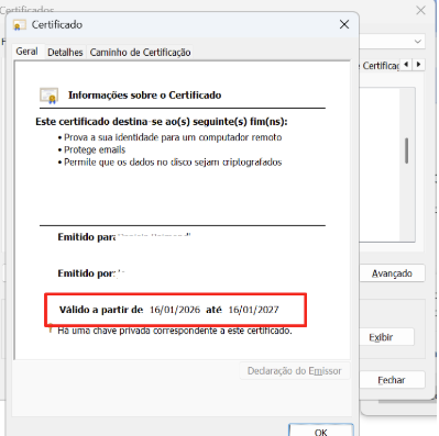 Janela de certificados do Windows com destaque para Gerenciar certificados importados do Windows.