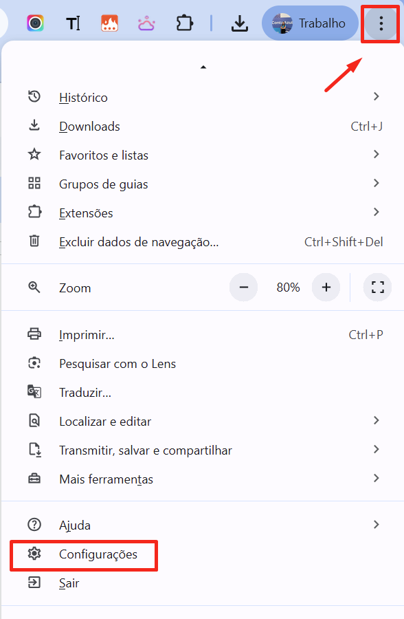 Menu do Google Chrome com destaque para os três pontos e opção Configurações.