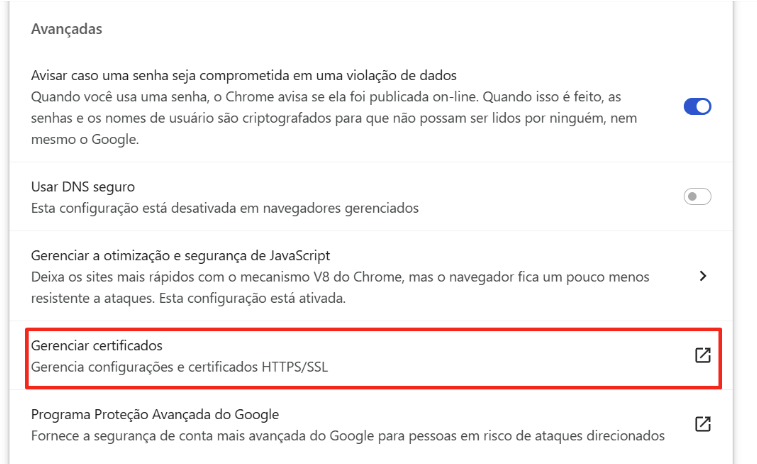 Tela do Chrome com opção Gerenciar certificados destacada.