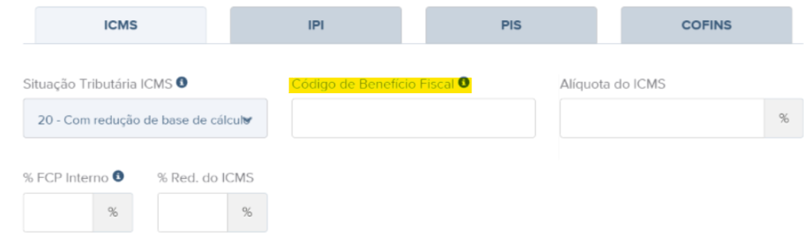 Tela com destaque para o campo Código do Benefício Fiscal no regime normal.