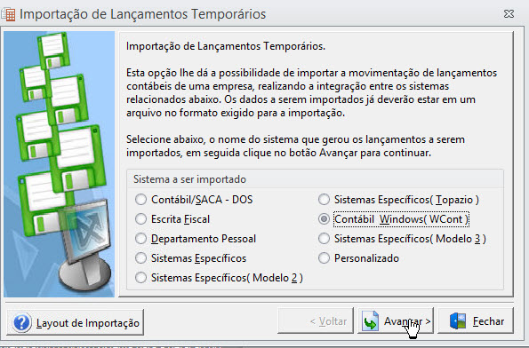 Tela do Alterdata com destaque para os botões Contábil Windows (Wcont) e Avançar.