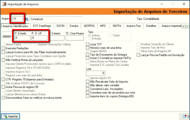 Tela do Athenas 3000 com destaque para os campos Arquivo, P.Estado e P.O. UF.