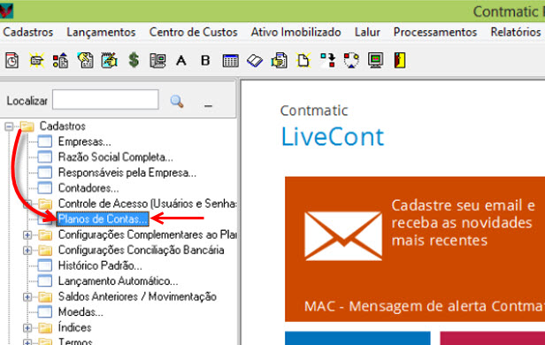 Tela do Contmatic com destaque para os campos Cadastros e Planos de Contas.