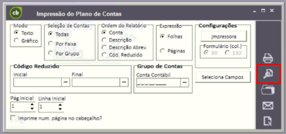 Tela do E-Contab com destaque para o ícone de lupa.