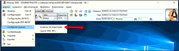 Tela do Athenas 3000 com destaque para os botões Configurar layouts e Arquivos de Importação.