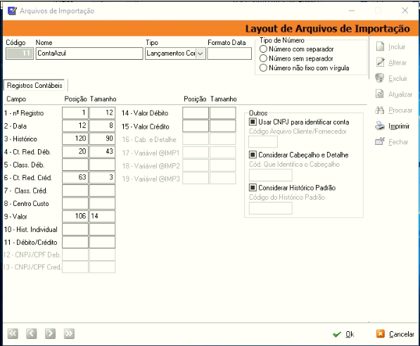Tela do Athenas 3000 com destaque para o menu Layout de Arquivos de Importação.