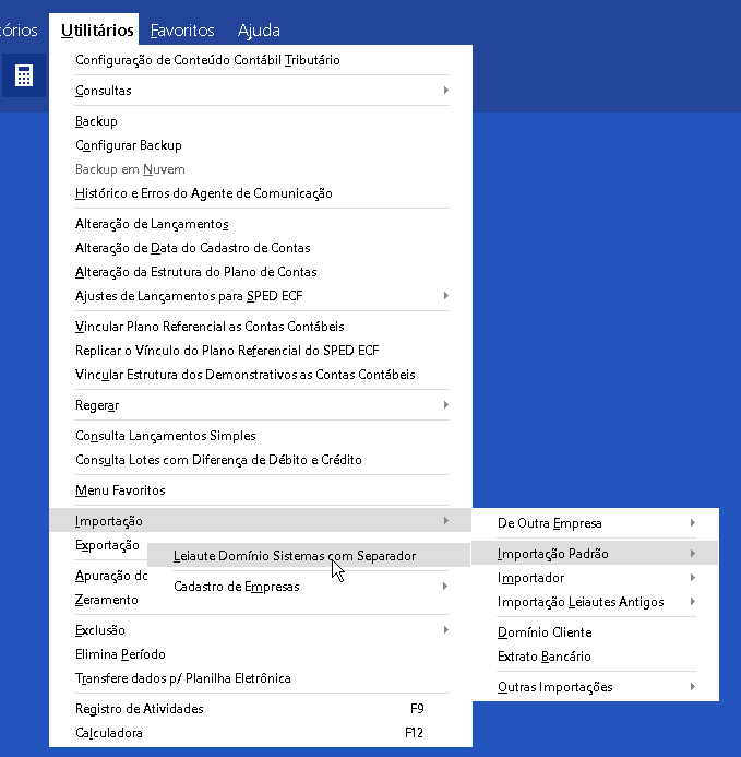 Tela do Domínio com destaque para Utilitários, Importação, Importação Padrão e Layout Domínio Sistema com Separador.
