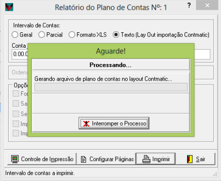 Tela do Contmatic com destaque para os botões Texto Lay Out importação Contmatic e Imprimir.