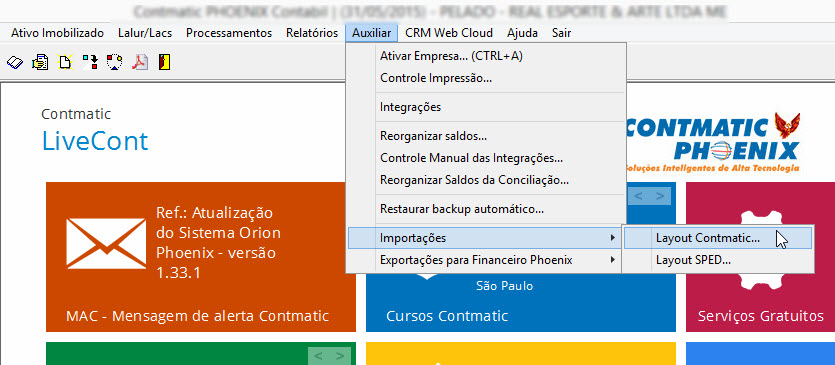 Tela do Contmatic com destaque para os botões Auxiliar, Importações e Layout Contmatic.