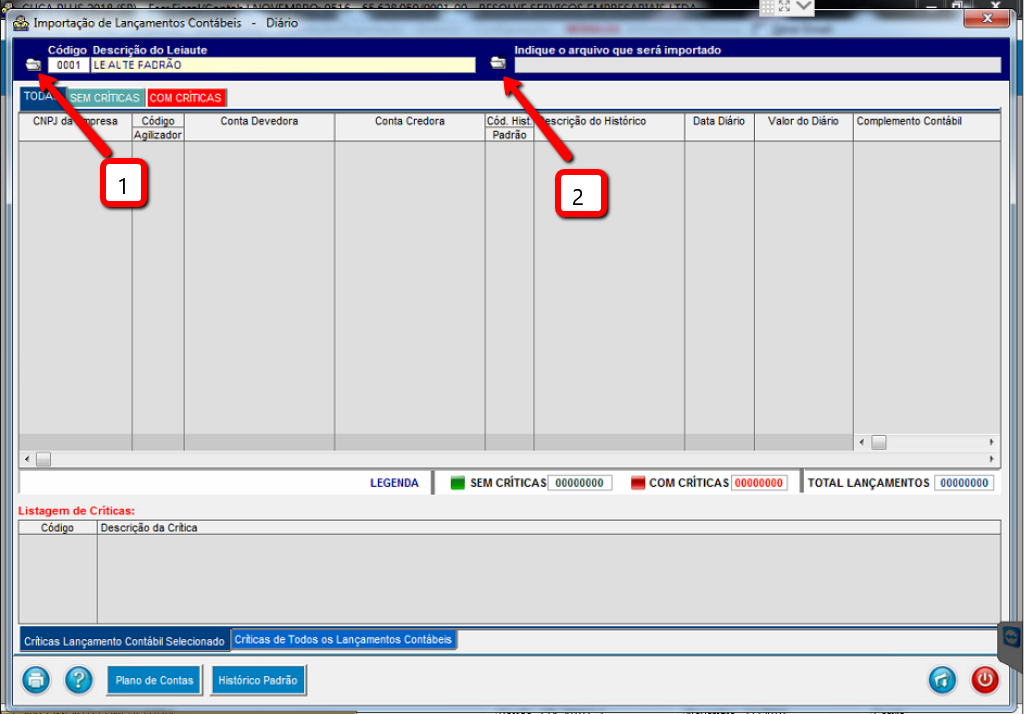 Tela de Importação de Lançamentos com destaque para os campos código e Indique o arquivo que será importado.