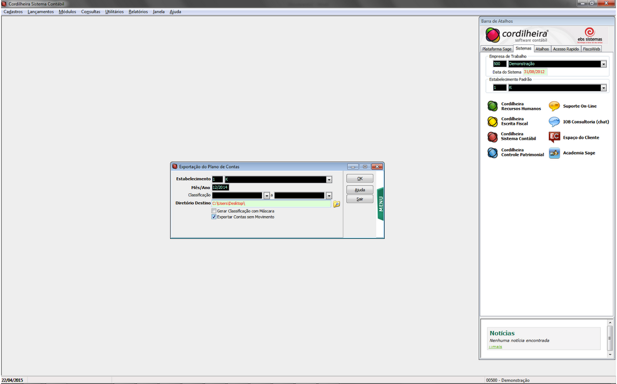 Tela do EBS Cordilheira com destaque para o campo Exportar contas sem lançamento.
