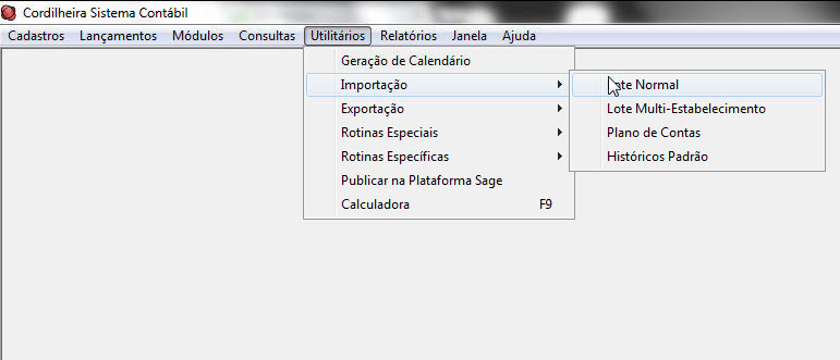 Tela do EBS Cordilheira com destaque para os botões Utilitários, Importação e Lote Normal.