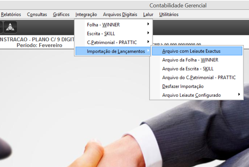 Tela do Exactus com destaque para os botões Integração, Importação de Lançamentos e Arquivo com Leiaute Exactus.