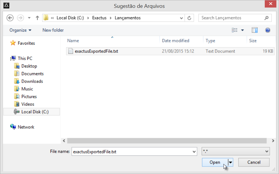 Tela do Exactus com destaque para o botão Open.