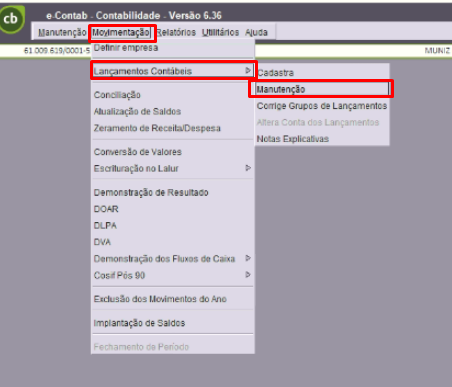 Tela do E-Contab com destaque para os campos Movimentação, Lançamentos Contábeis e Manutenção.